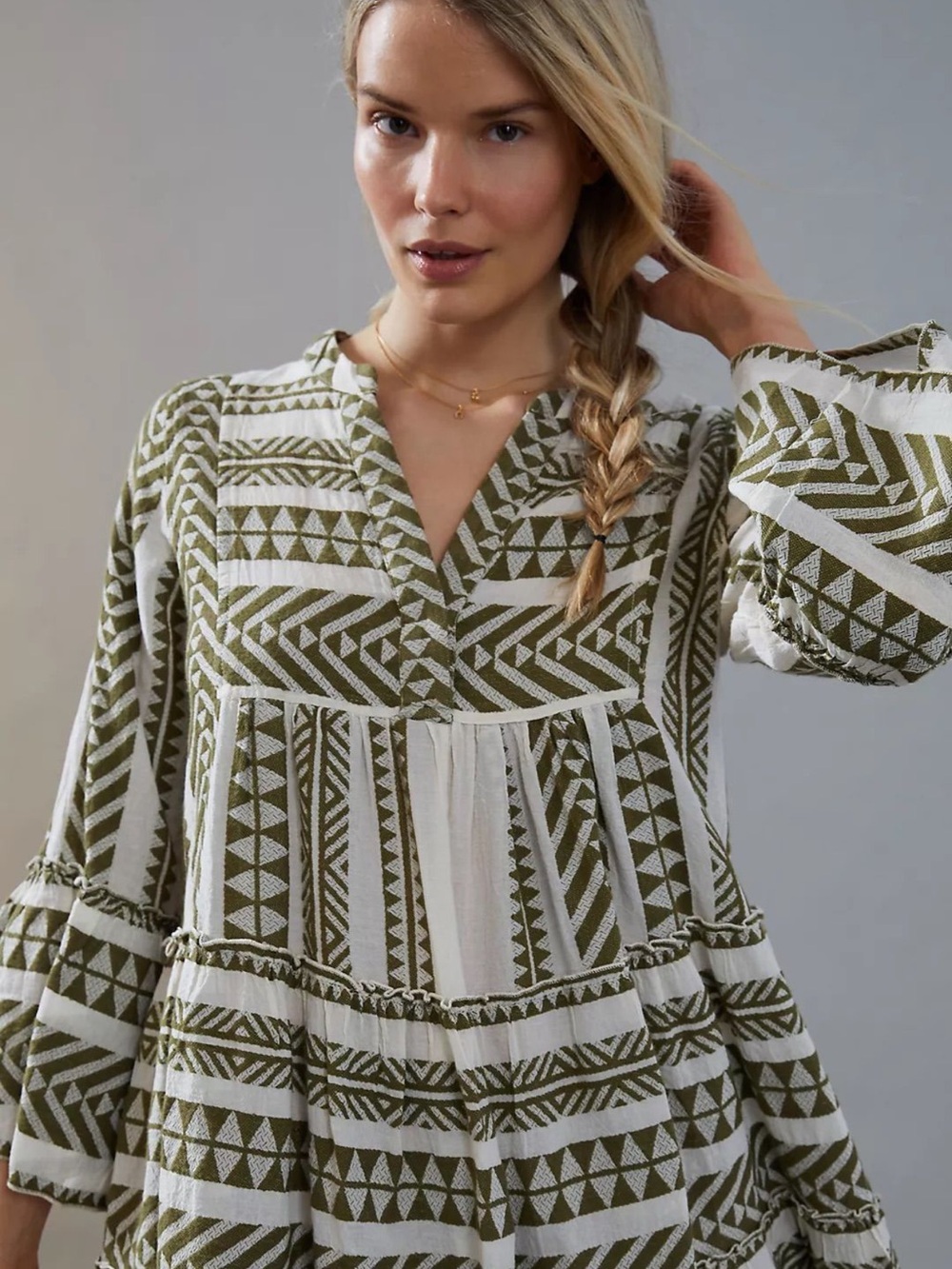 Anthropologie Devotion Twins Olive & White Geometric V-Neck Tunic